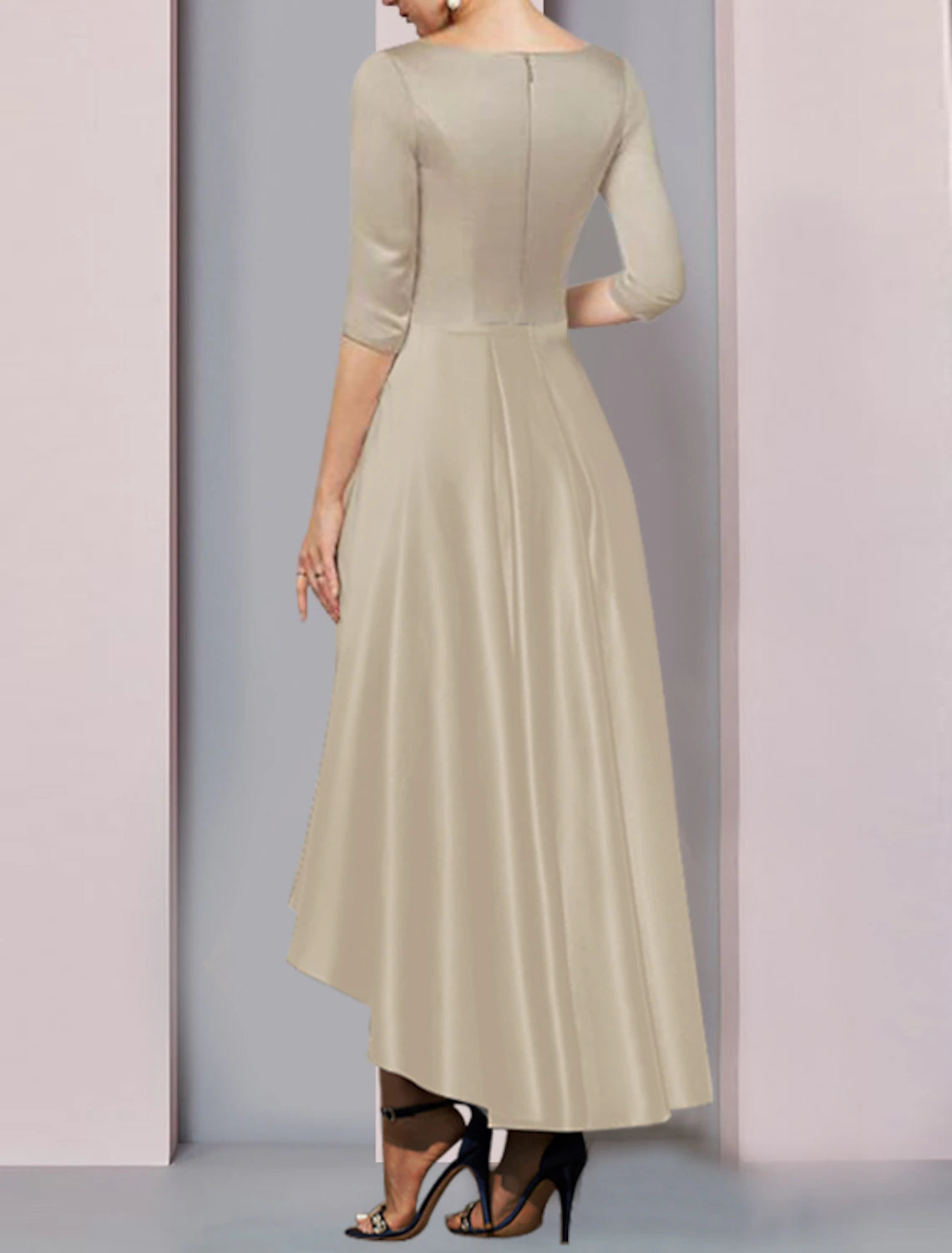 wholesale  A-Line Mother of the Bride Dress Wedding Guest Elegant High Low V Neck Asymmetrical Ankle Length Satin Half Sleeve with Pleats Side-Draped