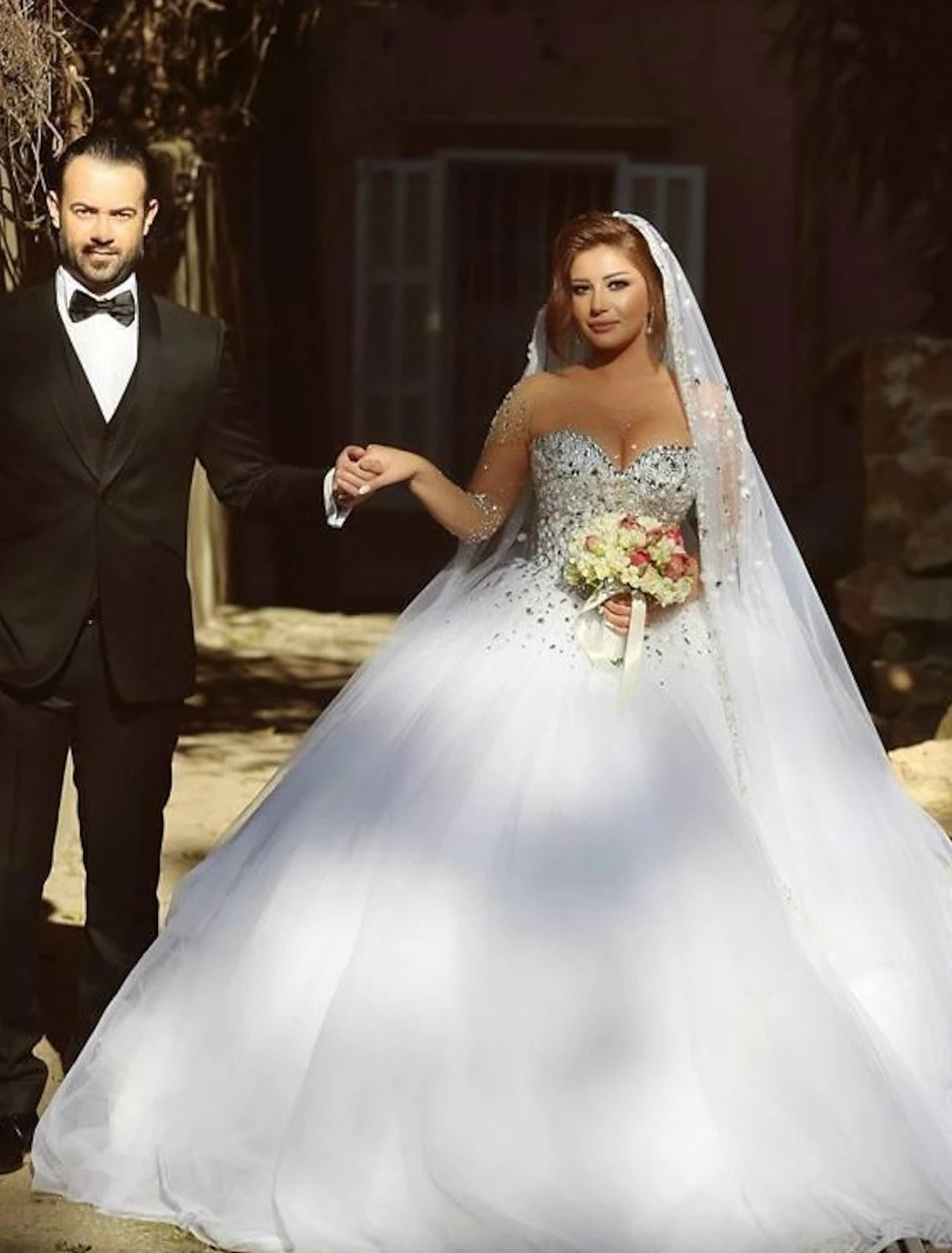 wholesale  Engagement Formal Fall Wedding Dresses Sparkle & Shine Ball Gown Sweetheart Strapless Court Train Satin Bridal Gowns With Crystals Beading