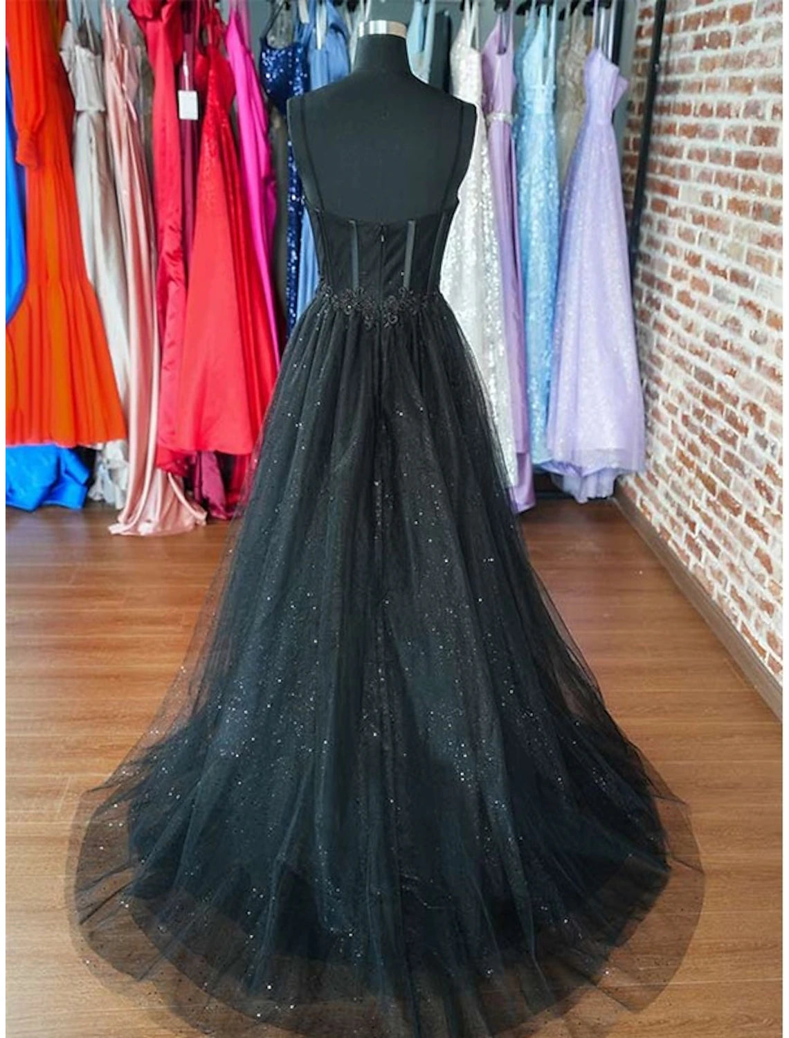 Wholesa A-Line Prom Dresses Glitter Black Dress Wedding Dresses Formal Gothic Dress Floor Length Sleeveless Sweetheart Spaghetti Tulle with Slit