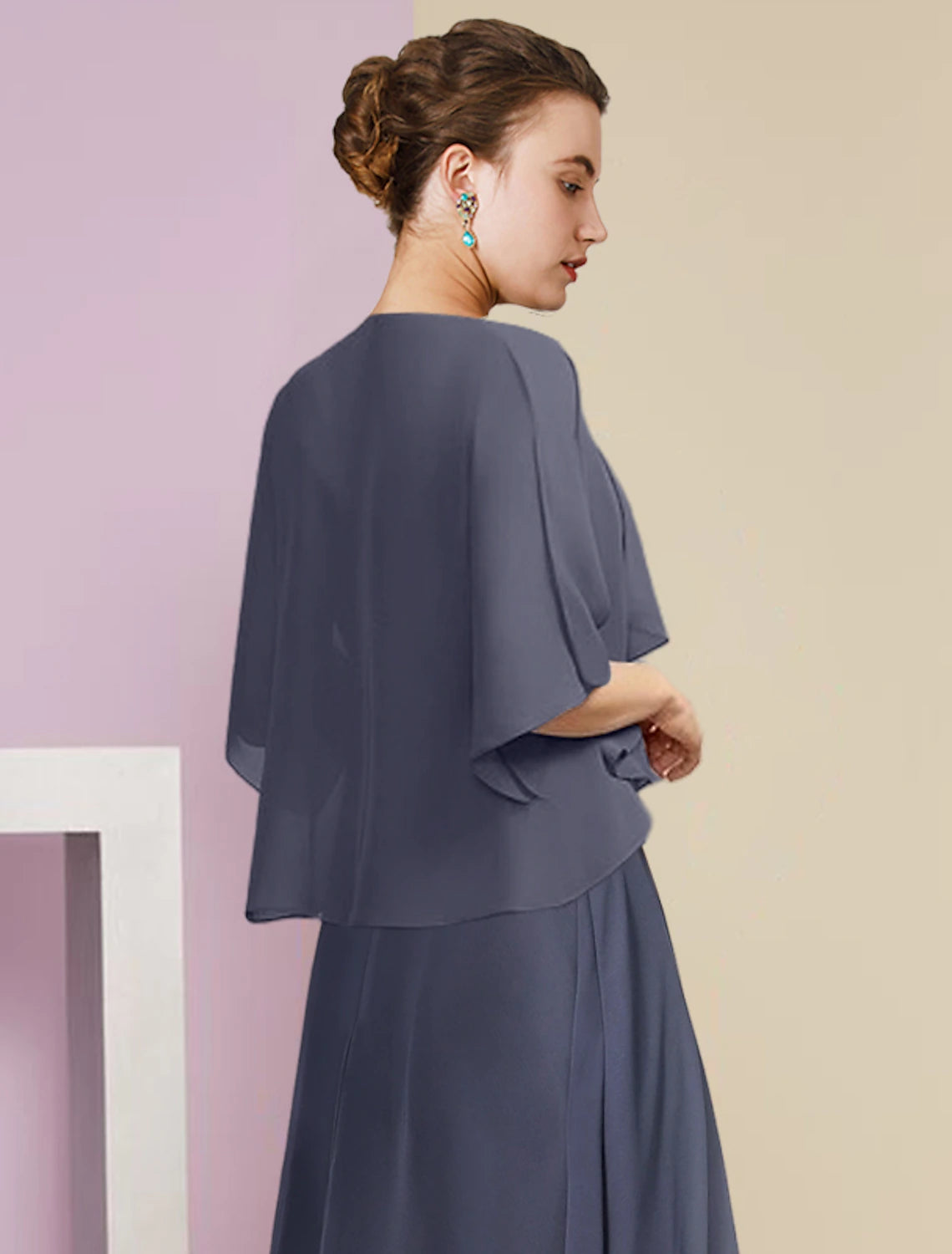 wholesale  Two Piece A-Line Mother of the Bride Dress Formal Wedding Guest Vintage Elegant Scoop Neck Knee Length Chiffon Lace Short Sleeve Wrap Included with Pleats Appliques