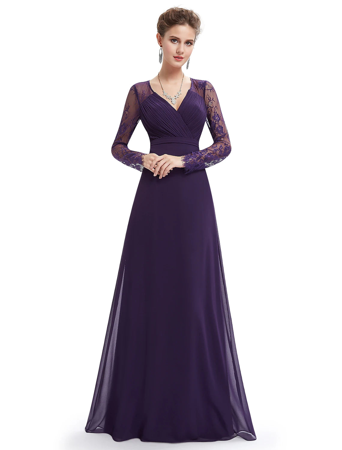 wholesaA-Line Evening Gown Elegant Dress Wedding Guest Formal Evening Floor Length Long Sleeve V Neck Chiffon with Sash / Ribbon Ruched Lace Insert