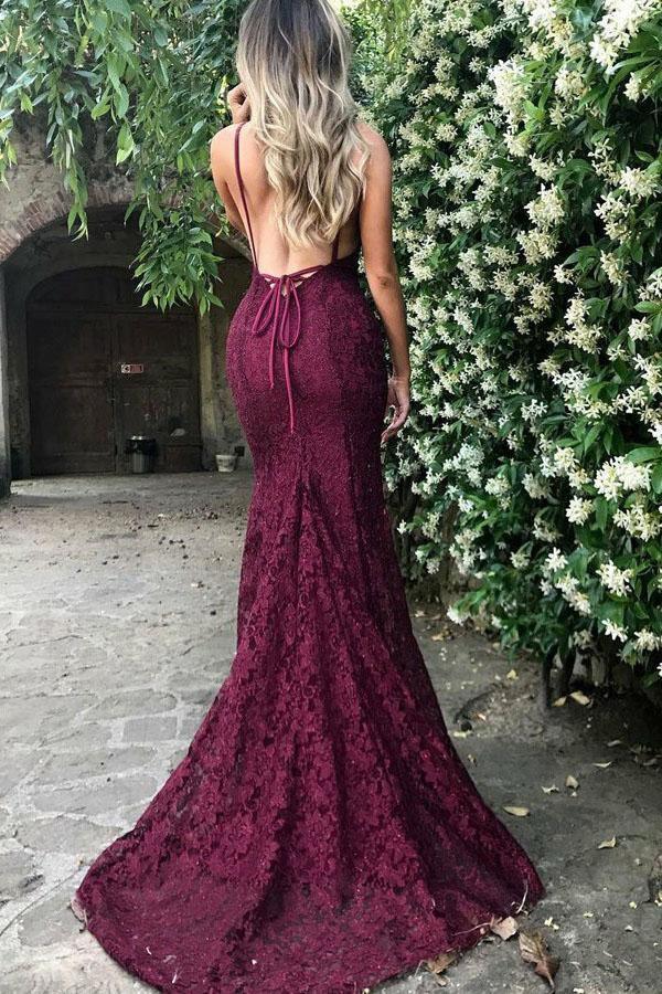 Wholesa Mermaid Deep V-Neck Lace Sleeveless Sweep Train Burgundy Prom Dress