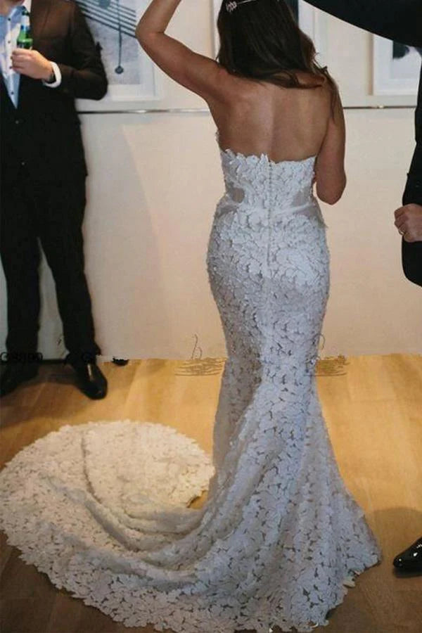 Wholesa Mermaid Sweetheart Sleeveless Lace Sweep Train Split Wedding Dress