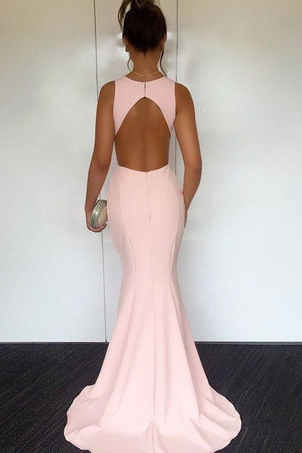 Wholesa Mermaid Round Neck Sweep Train Pearl Pink Open Back formal dresses evening gown Prom Dress