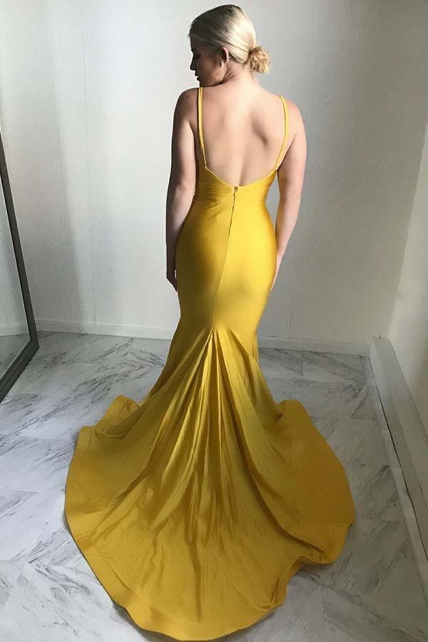 Wholesa Mermaid Spaghetti Straps Sweep Train Ruched Satin Yellow Prom Dress