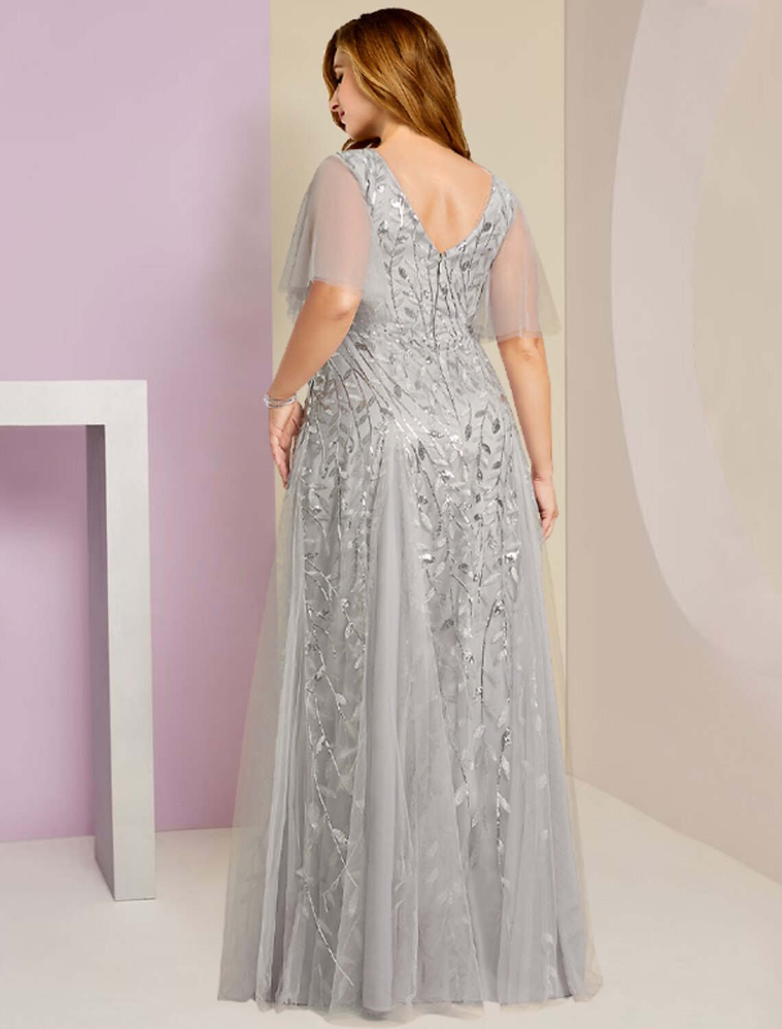 wholesale   Mother of the Bride Dresses Plus Size Curve Hide Belly Party Sparkle & Shine V Neck Floor Length Lace Tulle Short Sleeve with Pleats Sequin