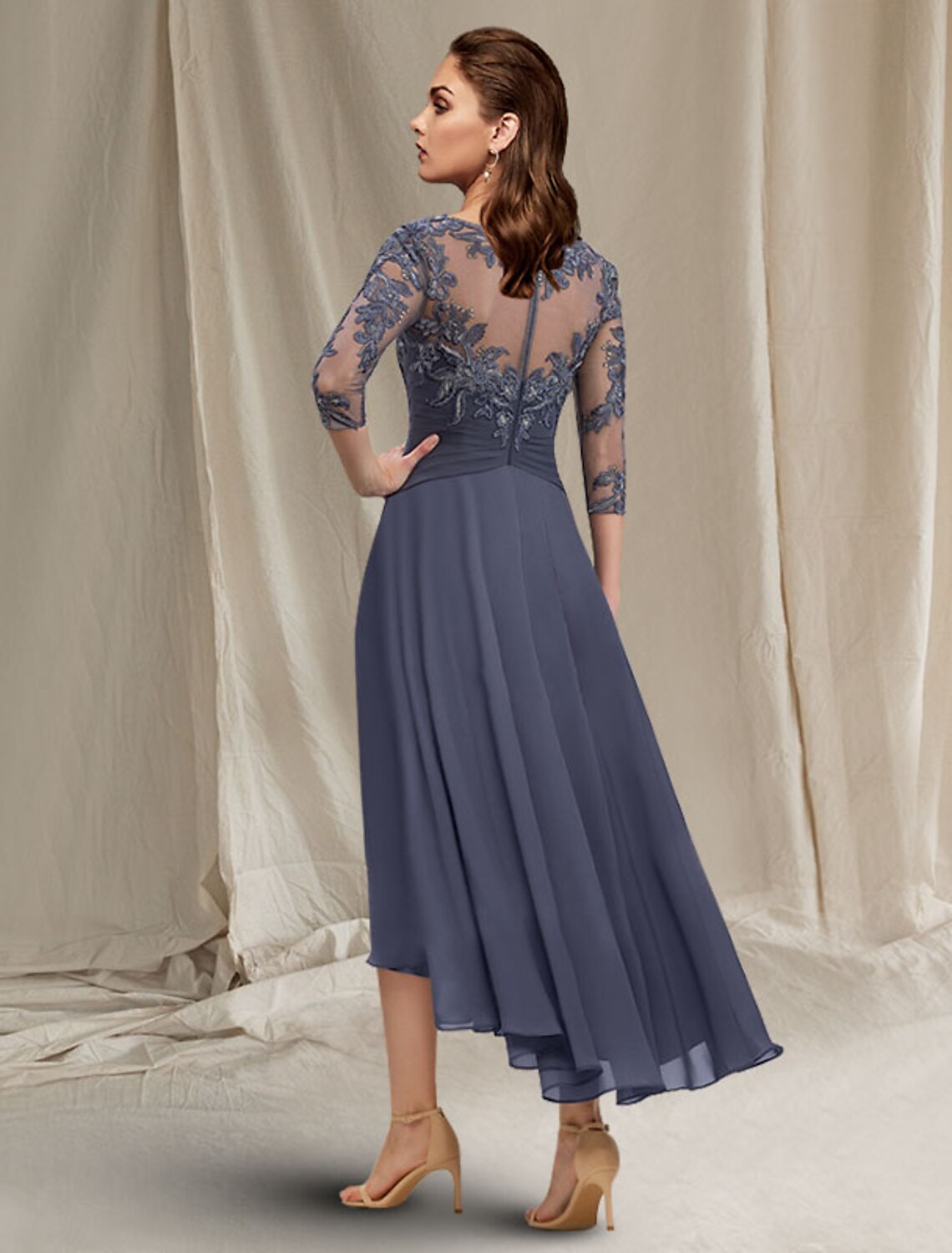wholesale  A-Line Mother of the Bride Dress Elegant High Low Jewel Neck Asymmetrical Tea Length Chiffon Lace Short Sleeve Wrap Included with Ruched Sequin Appliques