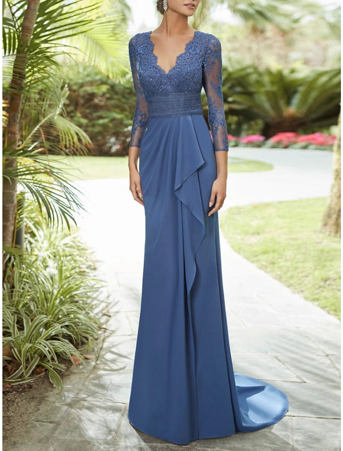 Wholesa Sheath / Column Mother of the Bride Dress Fall Wedding Guest Party Elegant V Neck Sweep / Brush Train Chiffon Lace 3/4 Length Sleeve with Pleats Sequin Ruffles