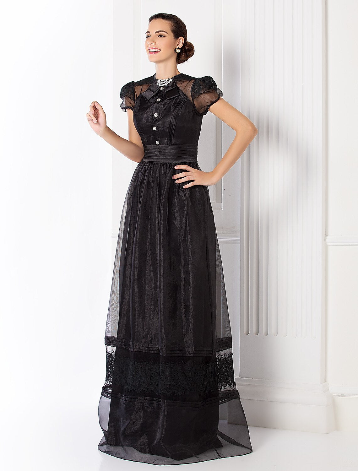 Wholesa Sheath / Column Elegant Dress Prom Formal Evening Floor Length Short Sleeve Jewel Neck Organza with Lace Sash / Ribbon Ruched