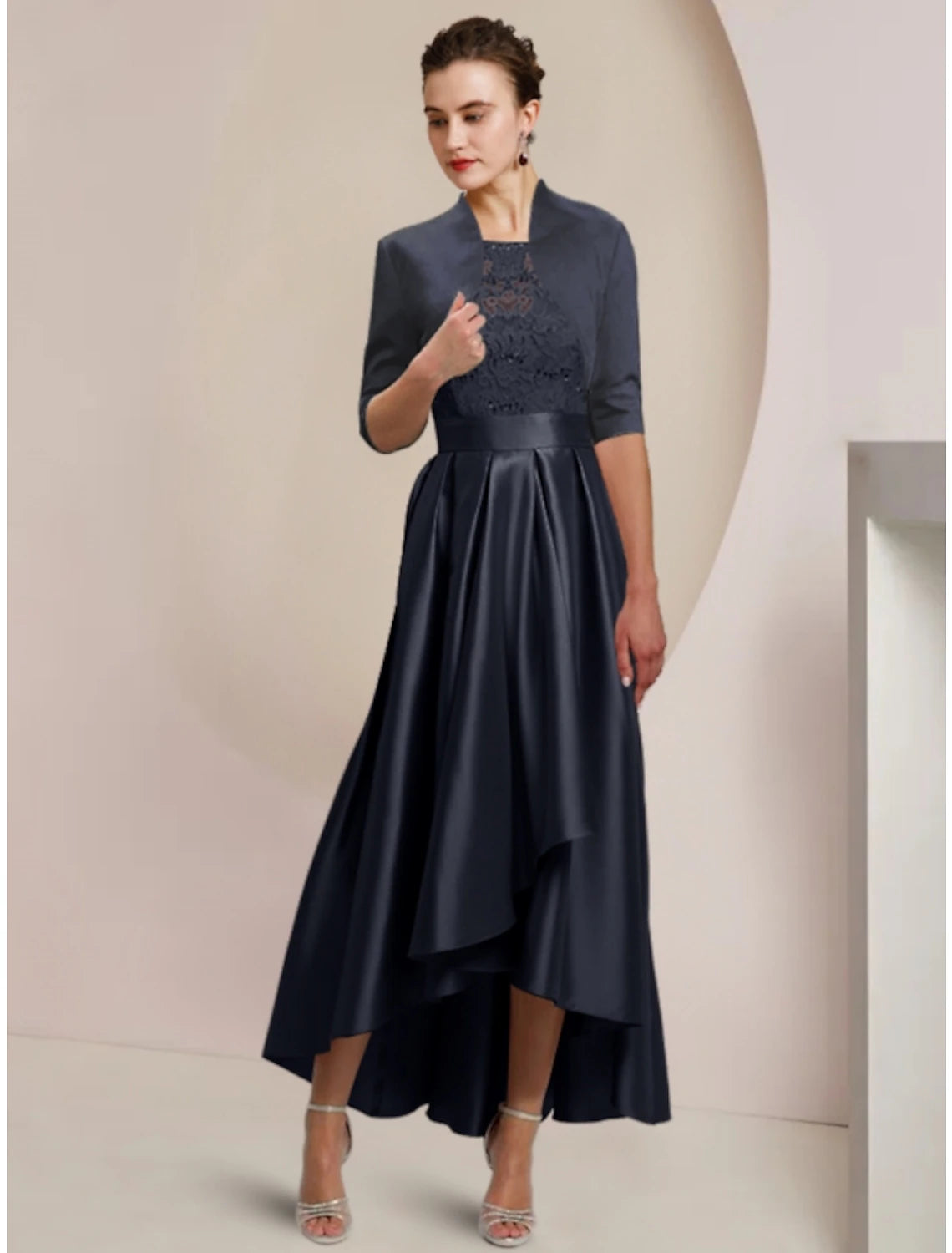 wholesale   Sheath / Column Mother of the Bride Dress Wedding Guest Minimalist Elegant Scoop Neck Asymmetrical Ankle Length Satin Lace Half Sleeve with Pleats Solid Color