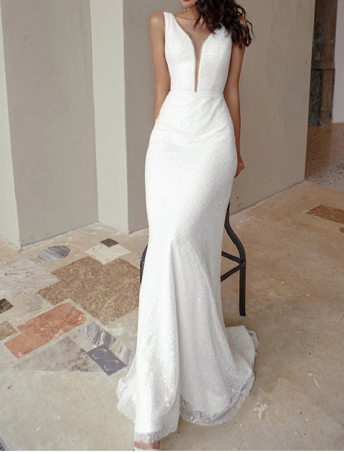 Wholesa  Engagement Sparkle & Shine Formal Wedding Dresses Mermaid / Trumpet V Neck Sleeveless Court Train Tulle Bridal Gowns With Beading Sequin