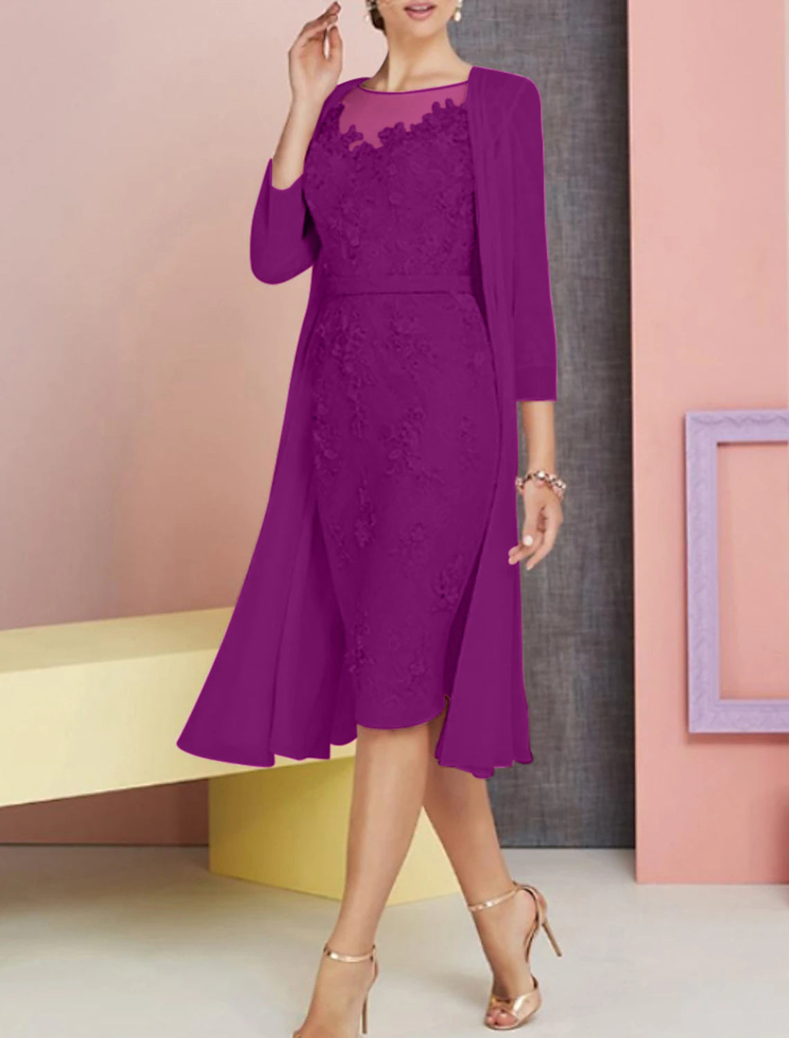 Wholesa Two Piece Sheath / Column Mother of the Bride Dress Wedding Guest Church Elegant Vintage Plus Size Bateau Neck Knee Length Chiffon Lace 3/4 Length Sleeve Jacket Dresses with Appliques