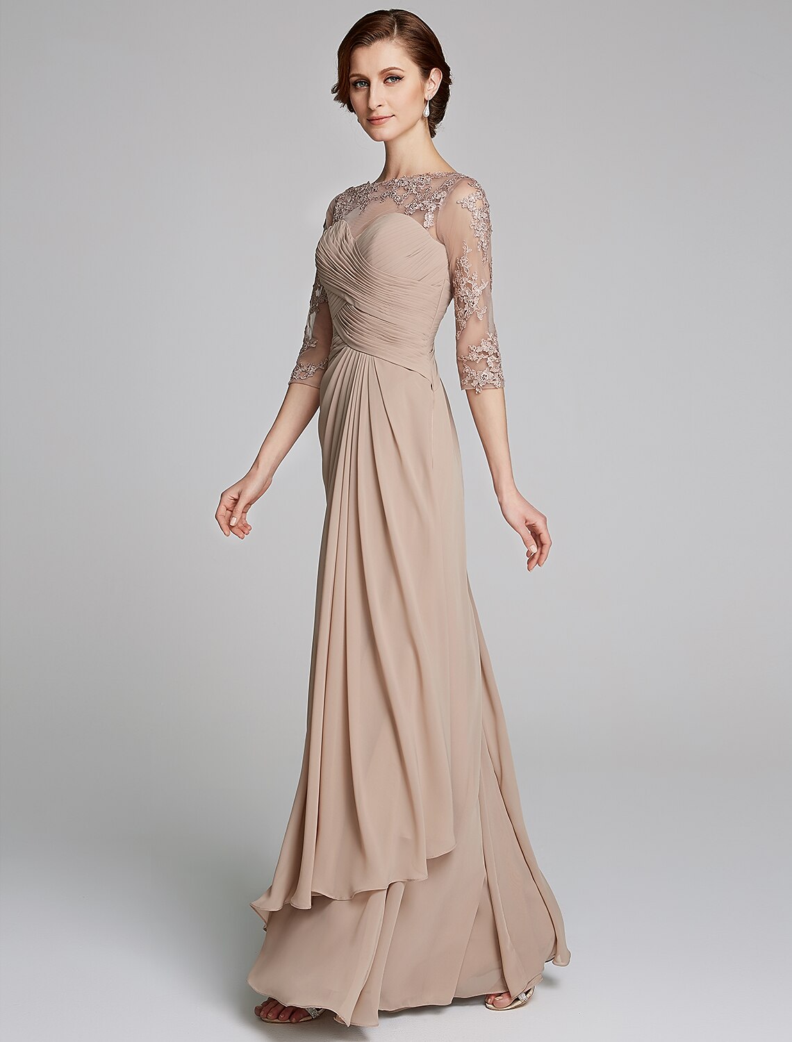 wholesale   A-Line Mother of the Bride Dress Sparkle & Shine Boat Neck Floor Length Chiffon Lace 3/4 Length Sleeve with Crystals Appliques