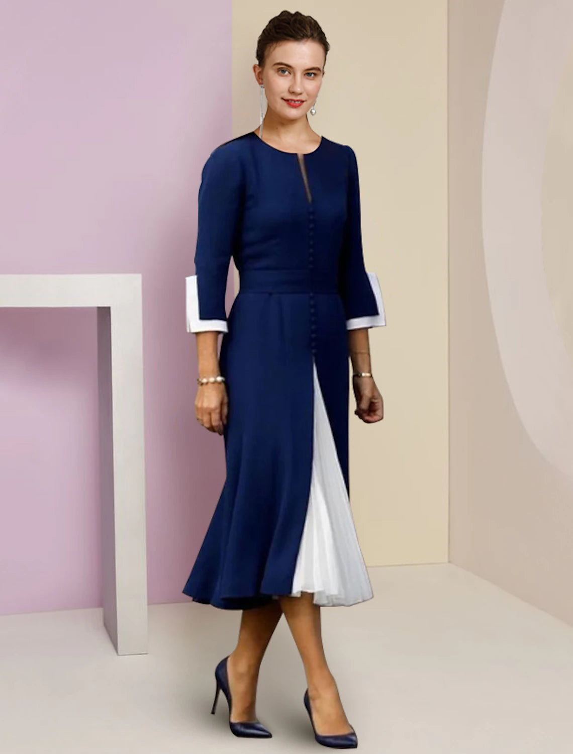 wholesale  A-Line Mother of the Bride Dress Formal Wedding Guest Elegant Scoop Neck Tea Length Stretch Chiffon 3/4 Length Sleeve with Buttons Color Block