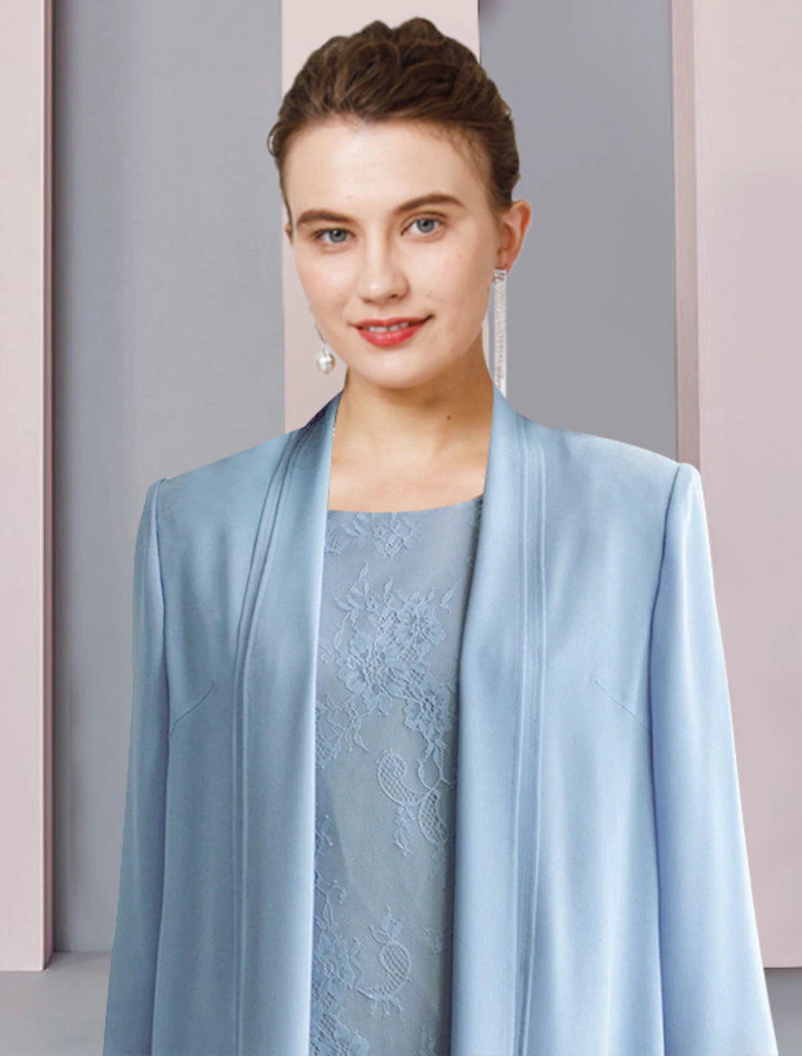 wholesale  Two Piece Sheath / Column Mother of the Bride Dress Formal Wedding Guest Party Elegant Scoop Neck Tea Length Chiffon Lace 3/4 Length Sleeve with Solid Color