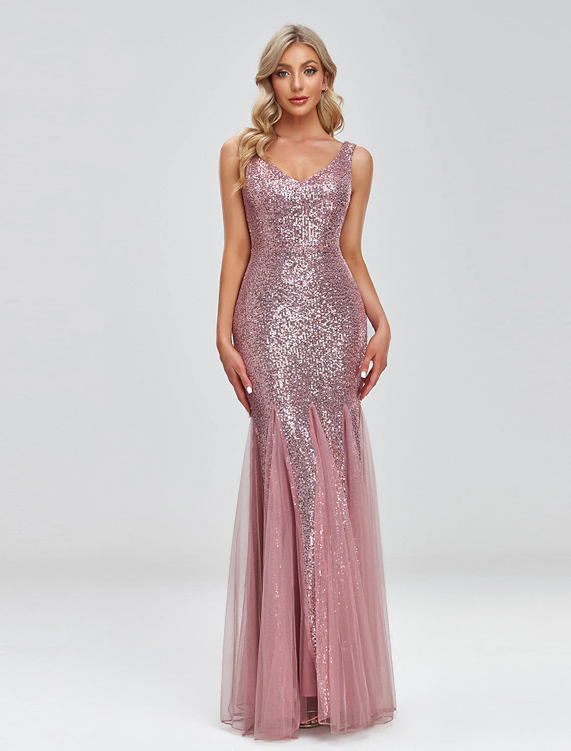 wholesa Two Piece Mermaid / Trumpet Party Dresses Sparkle & Shine Dress Prom Wedding Party Floor Length Sleeveless V Neck Capes Tulle V Back with Sequin Shawl