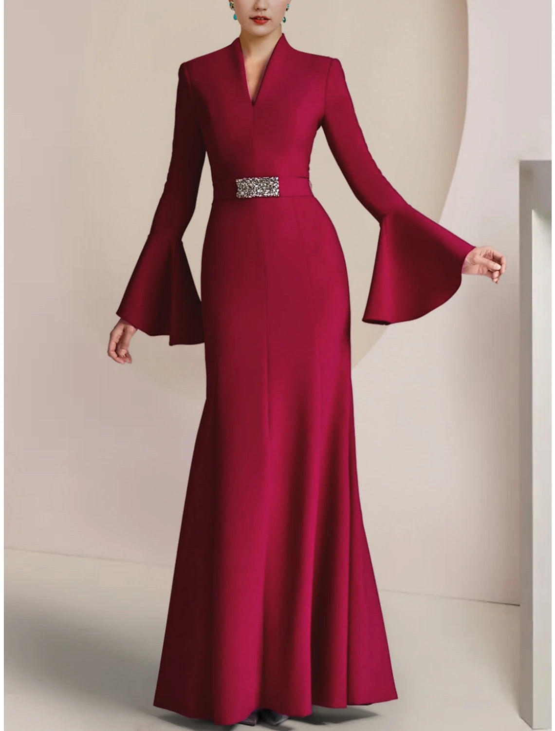Wholesa A-Line Mother of the Bride Dress Wedding Guest Elegant Party V Neck Floor Length Stretch Chiffon Long Sleeve with Pleats Crystal Brooch