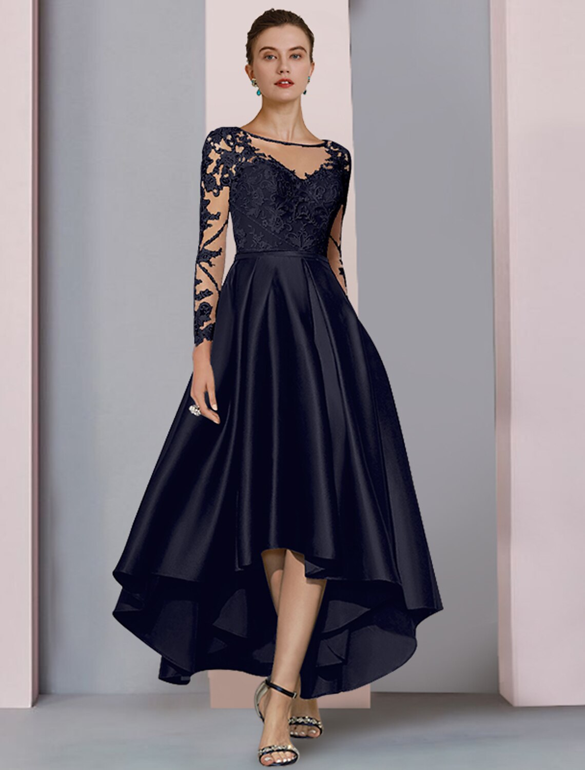 wholesale  A-Line Mother of the Bride Dress Wedding Guest Elegant High Low Scoop Neck Asymmetrical Tea Length Satin Lace Long Sleeve with Pleats Beading Appliques