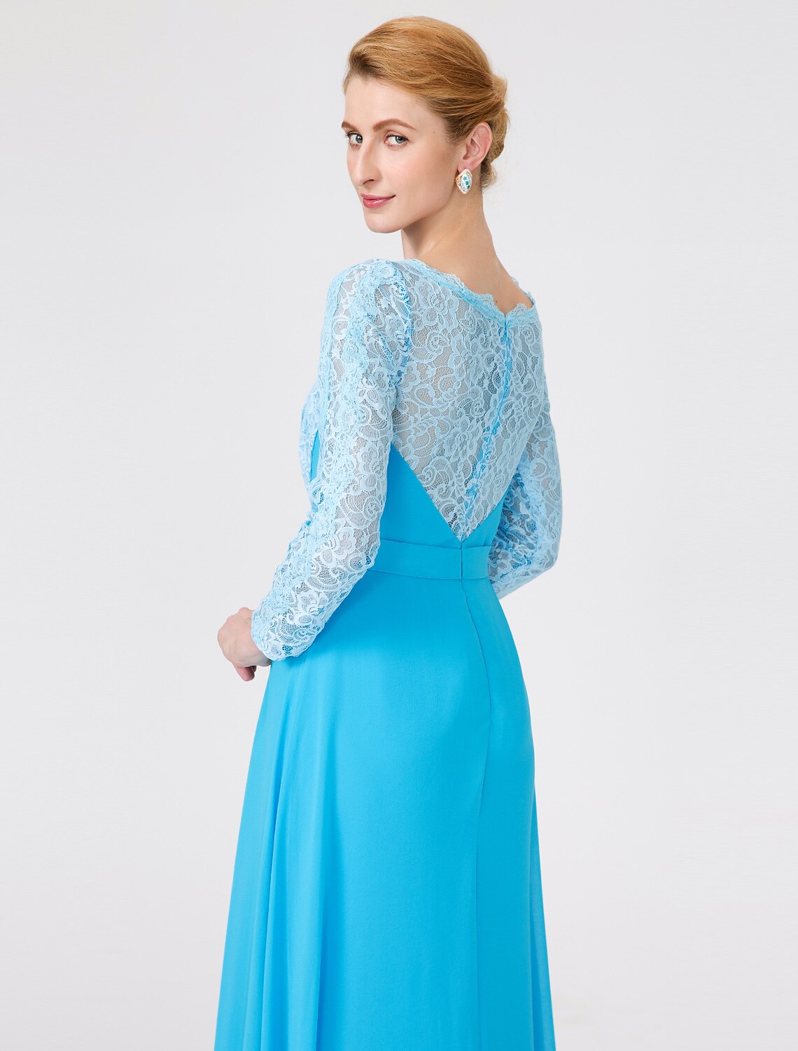 Wholesa A-Line Ball Gown Scoop Neck Floor Length Chiffon Lace Mother of the Bride Dress with Sash