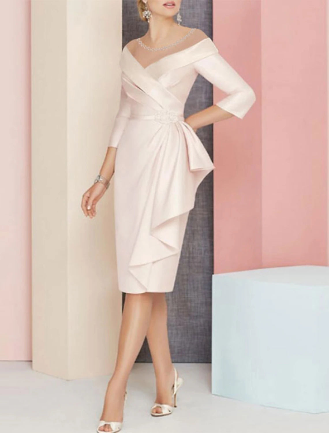 Wholesa Sheath / Column Mother of the Bride Dress Wedding Guest Elegant Vintage Plus Size V Neck Knee Length Satin 3/4 Length Sleeve with Sash / Ribbon Ruching