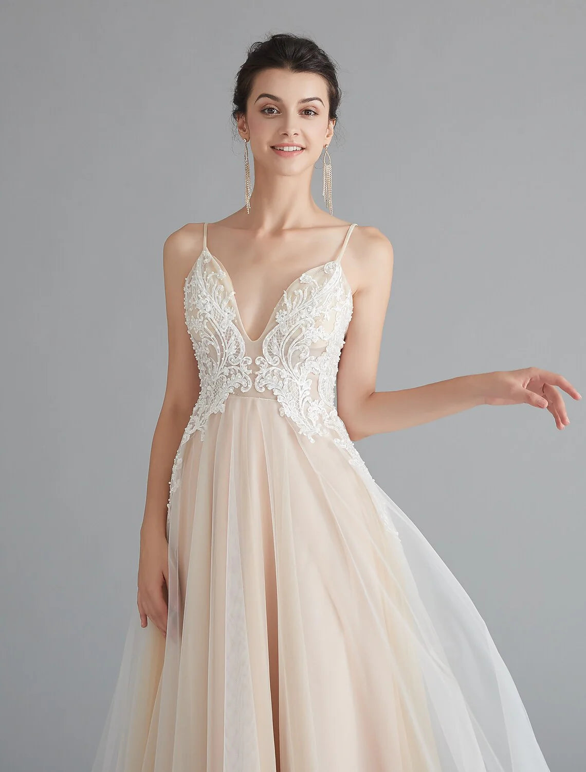 Wholesa A-Line Prom Dresses Beautiful Back Dress Wedding Guest Sweep / Brush Train Sleeveless V Neck Lace with Beading