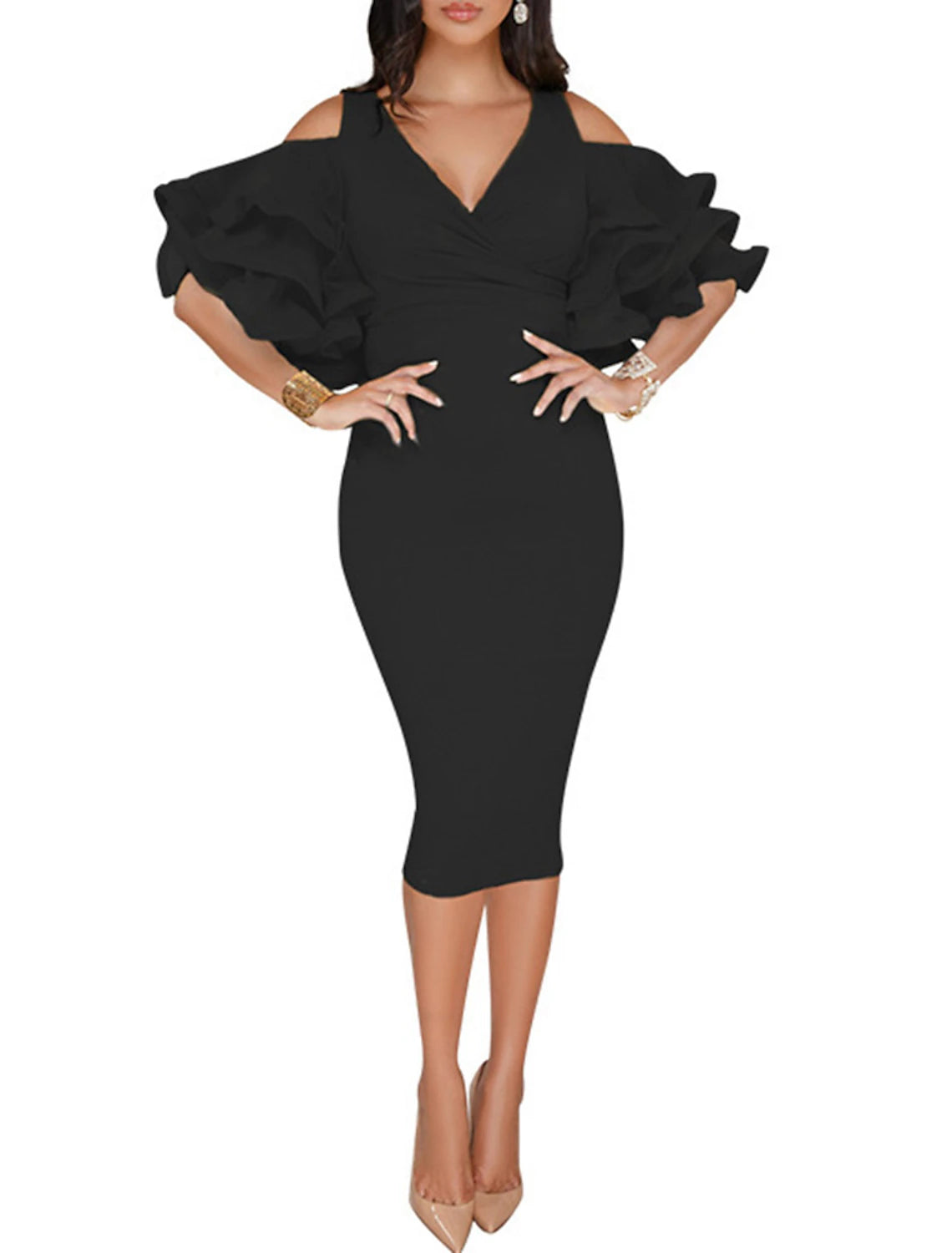 Wholesa Sheath / Column Cocktail Dresses Sexy Dress Valentine's Day Wedding Guest Tea Length Half Sleeve V Neck Polyester with Ruffles