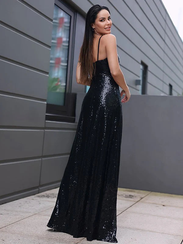 Wholesa Sequins Ruffles V-neck Sleeveless Floor-Length Dresses