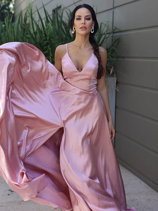 Wholesa A-Line Princess Silk like Satin Ruffles V-neck Sleeveless Dresses