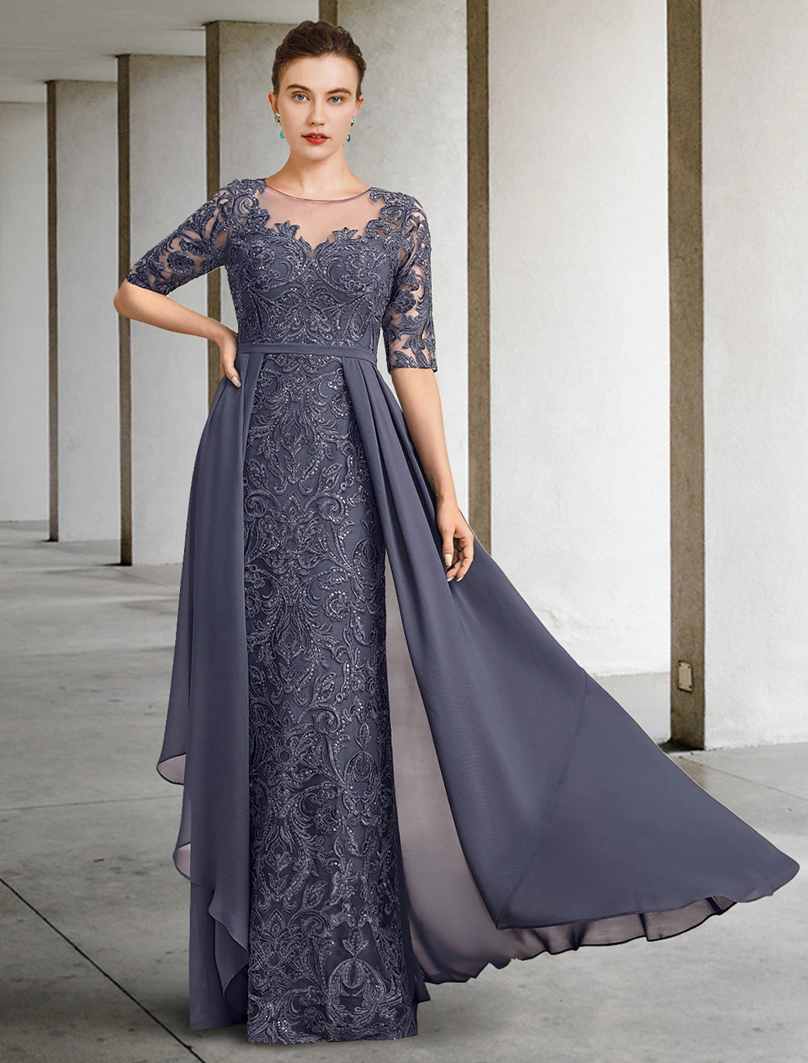 Wholesa  A-Line Mother of the Bride Dress Formal Wedding Guest Elegant Scoop Neck Floor Length Chiffon Lace Half Sleeve with Bow(s) Sequin