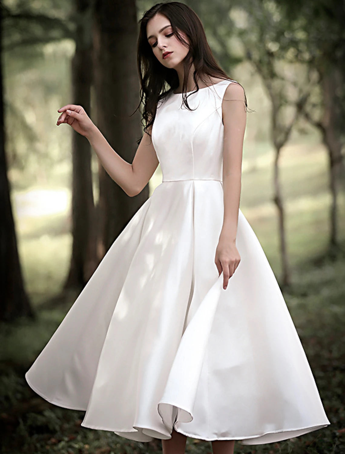 wholesale  Reception Little White Dresses Wedding Dresses A-Line Scoop Neck Sleeveless Tea Length Satin Bridal Gowns With Solid Color