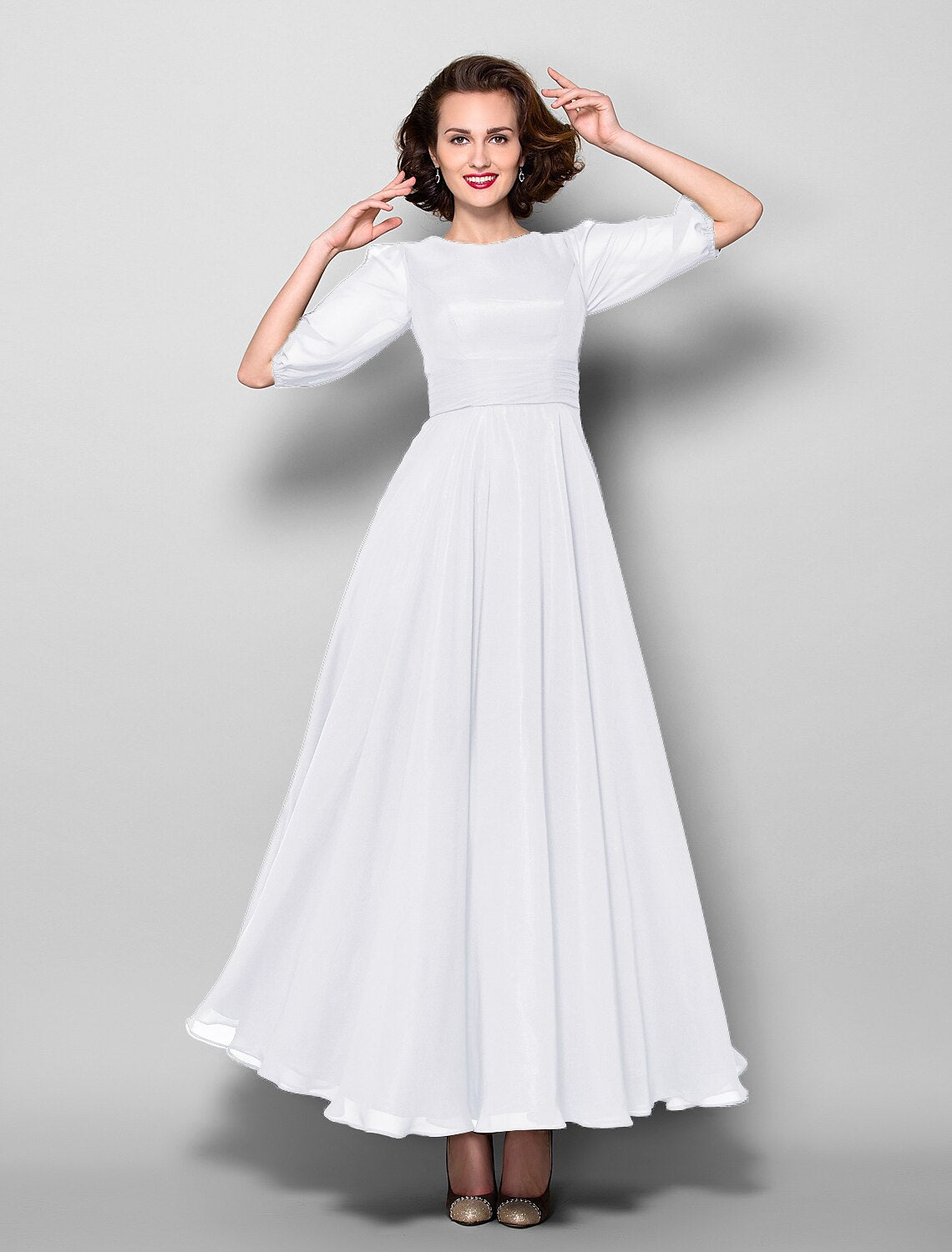 wholesale  A-Line Mother of the Bride Dress Elegant Jewel Neck Ankle Length Chiffon Half Sleeve with Sash / Ribbon Ruched