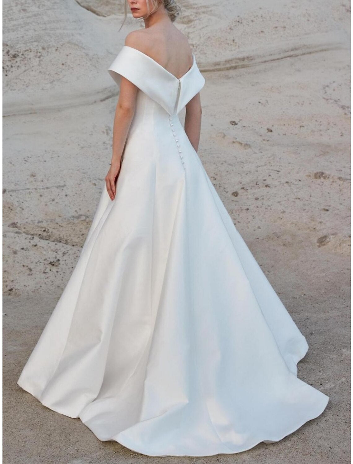 Wholesa  Hall Formal Wedding Dresses A-Line Off Shoulder Short Sleeve Sweep / Brush Train Satin Bridal Gowns With Pleats Solid Color