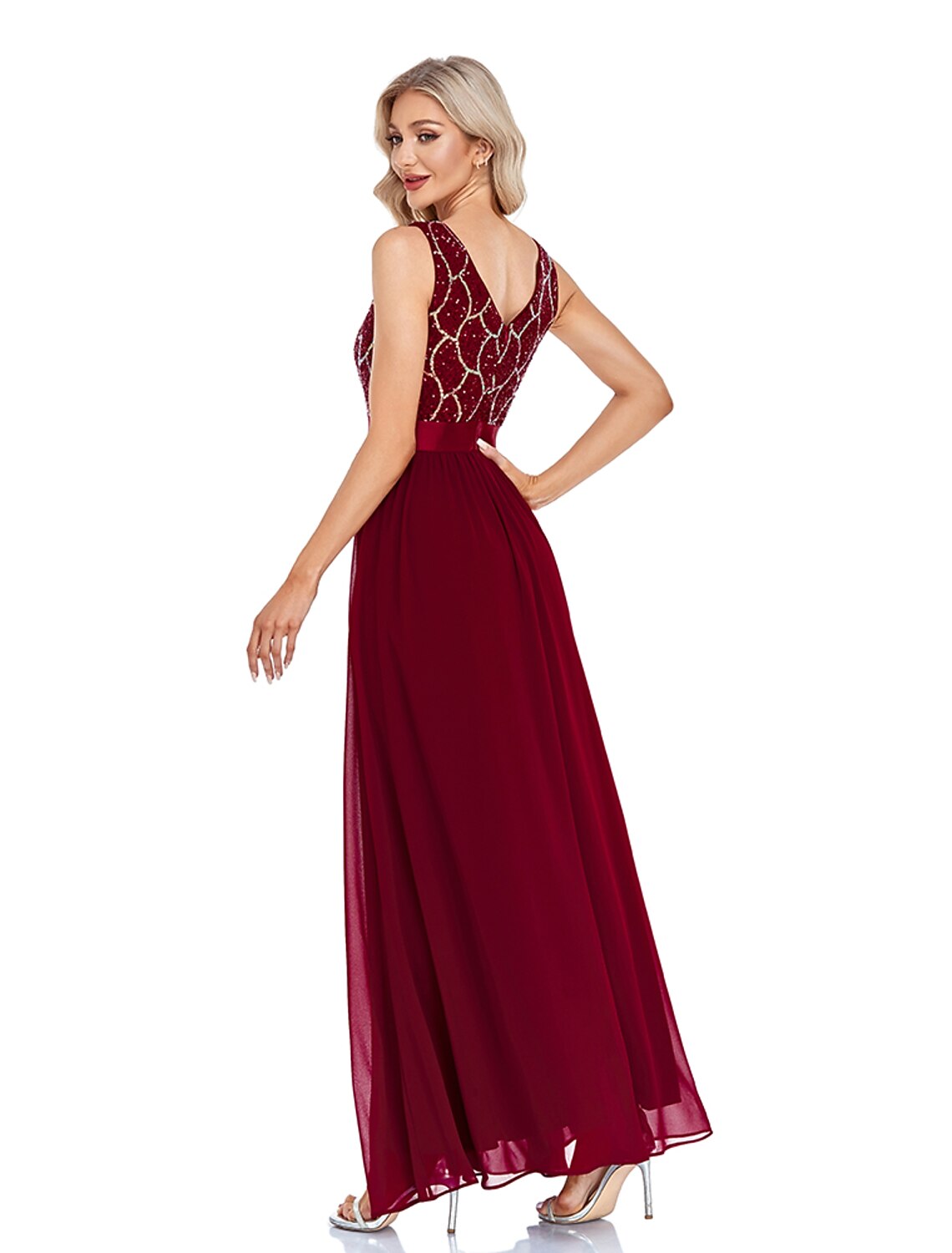Wholesa A-Line Evening Gown Sparkle & Shine Dress Wedding Guest Prom Floor Length Sleeveless V Neck Bridesmaid Dress Chiffon V Back with Sequin Splicing