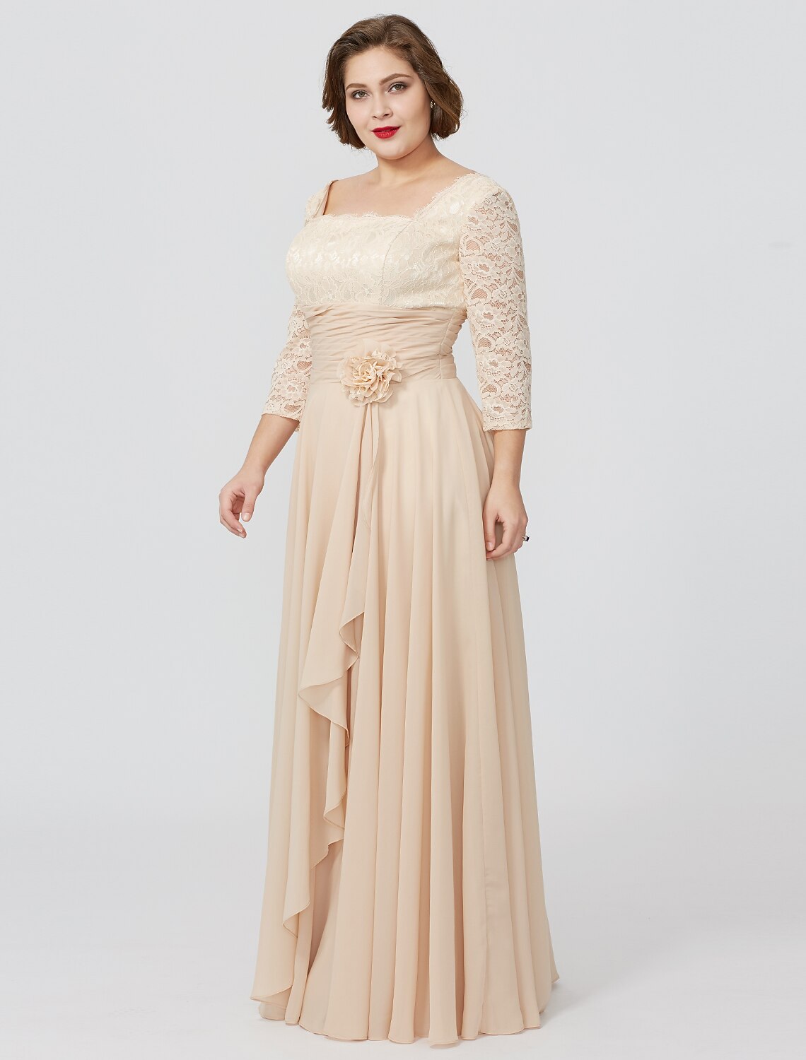 wholesale  Sheath / Column Mother of the Bride Dress Formal Classic & Timeless Elegant & Luxurious Plus Size Square Neck Floor Length Chiffon Metallic Lace 3/4 Length Sleeve No with Sash / Ribbon Flower