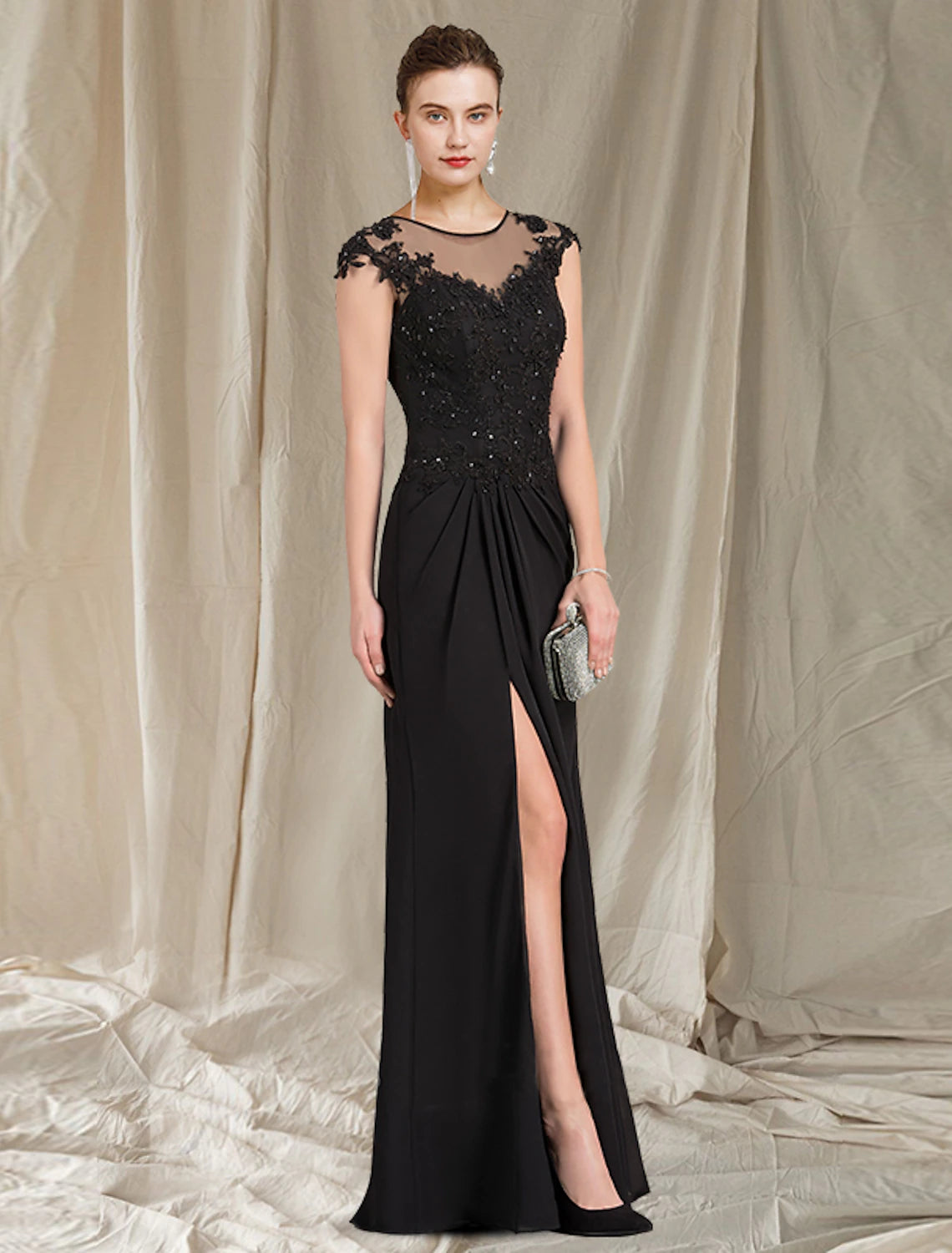 wholesale   Sheath / Column Mother of the Bride Dress Elegant Jewel Neck Floor Length Chiffon Lace Short Sleeve with Appliques Split Front