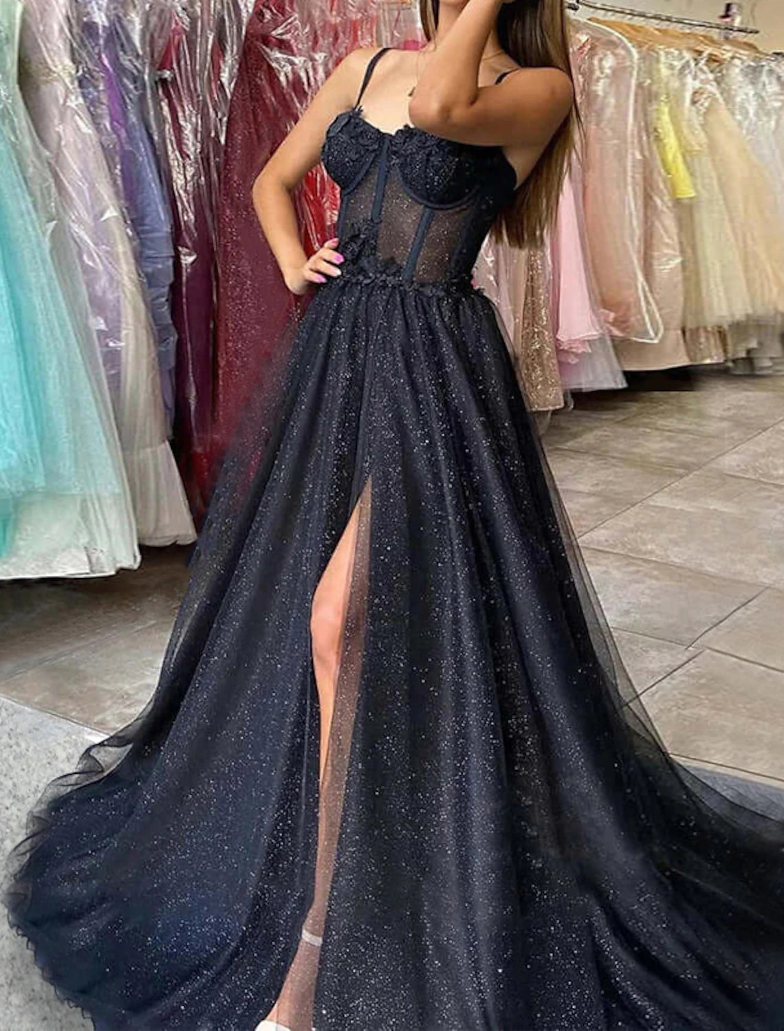 Wholesa A-Line Prom Dresses Glitter Black Dress Wedding Dresses Formal Gothic Dress Floor Length Sleeveless Sweetheart Spaghetti Tulle with Slit