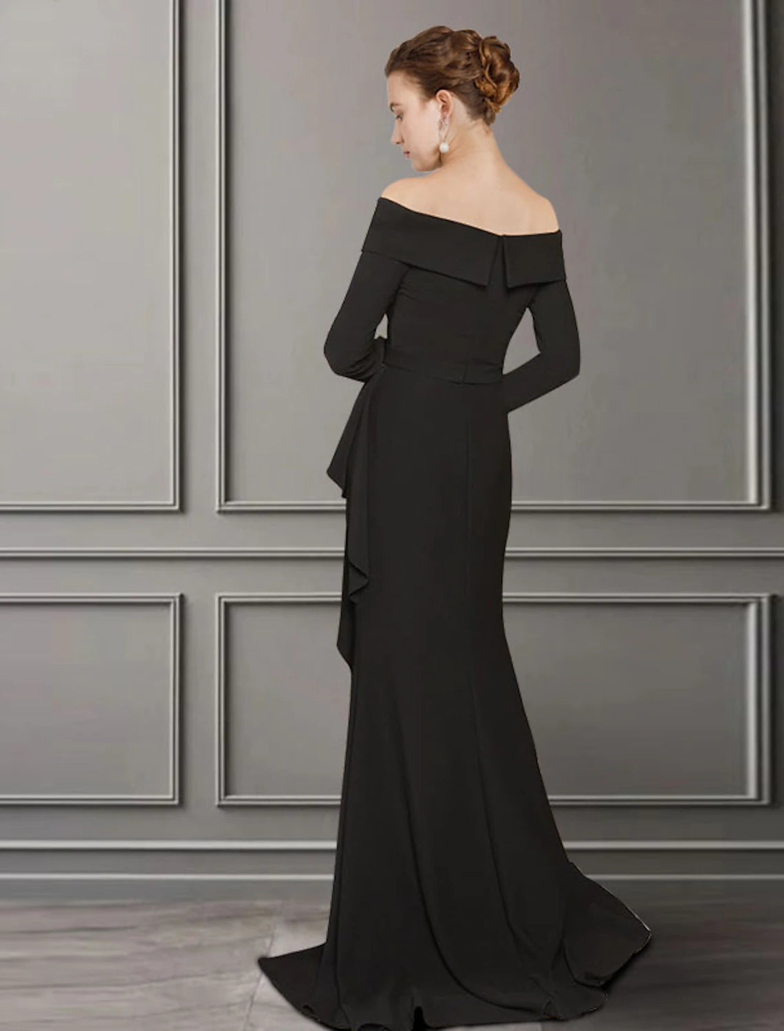 wholesale  A-Line Mother of the Bride Dress Elegant Off Shoulder Sweep / Brush Train Lace Stretch Fabric Long Sleeve with Ruched Split Front