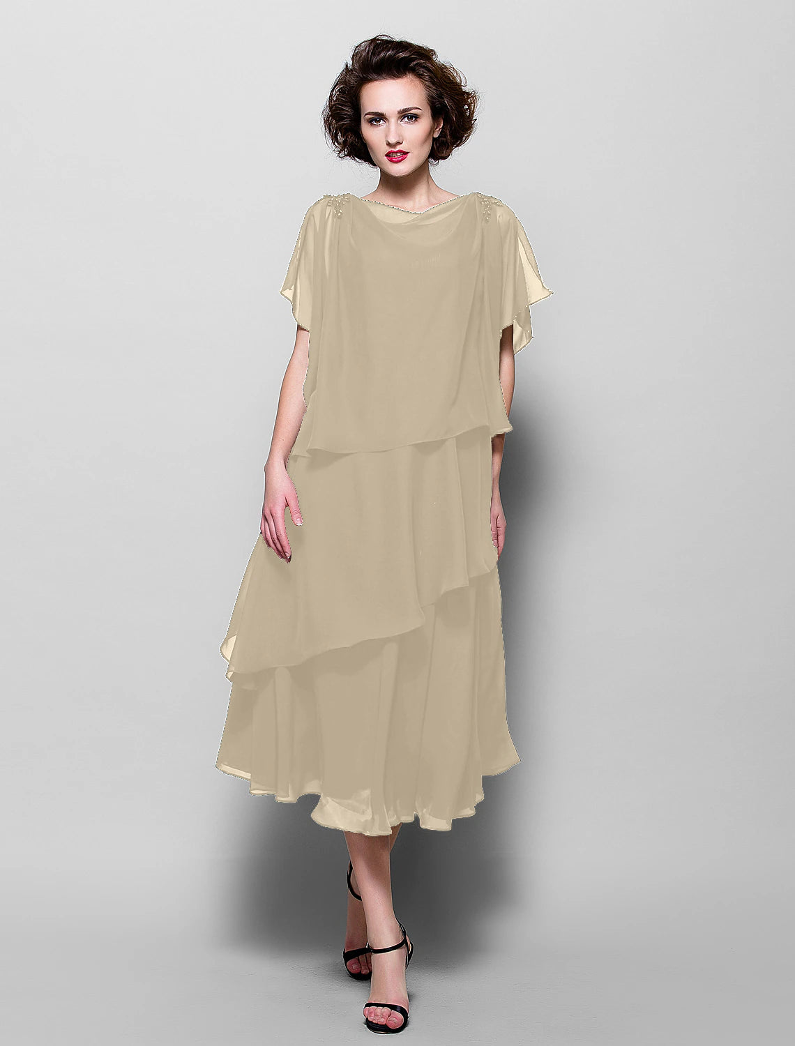 wholesale  A-Line Mother of the Bride Dress Plus Size Elegant Cowl Neck Tea Length Chiffon Short Sleeve with Ruffles Crystal Brooch