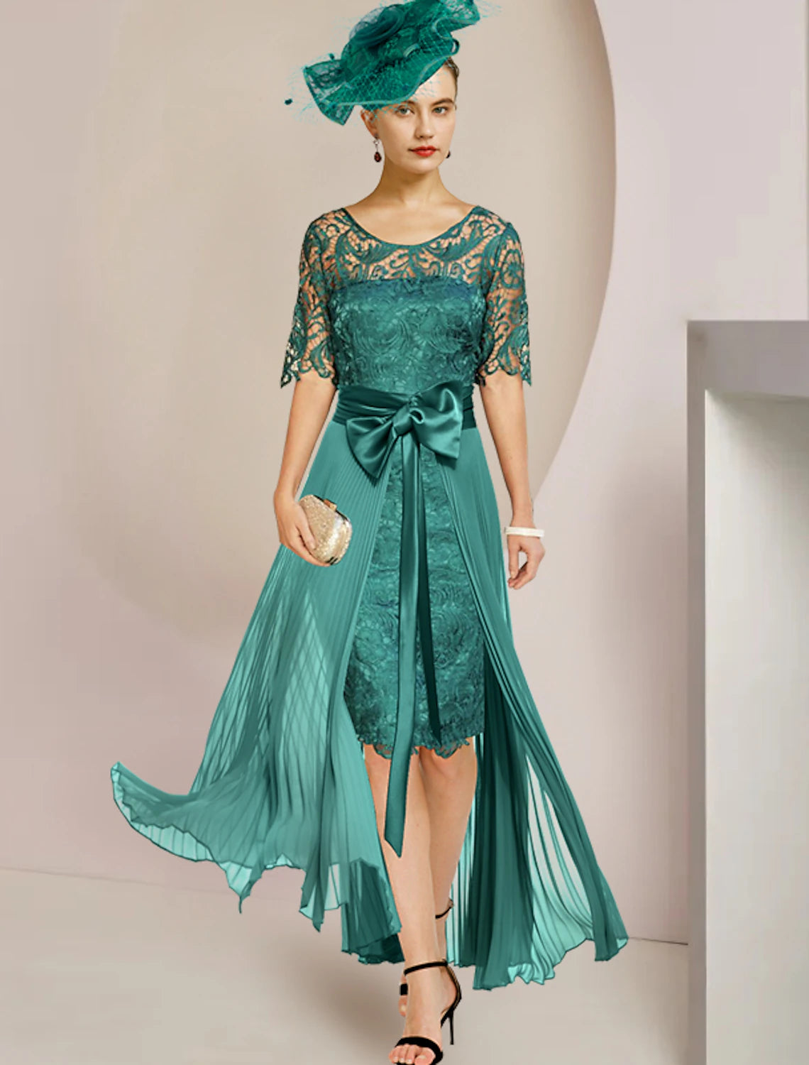 wholesale  Two Piece Sheath / Column Mother of the Bride Dress Formal Wedding Guest Elegant detachable Scoop Neck Knee Length Chiffon Lace Sleeveless with Bow(s) Pleats Appliques