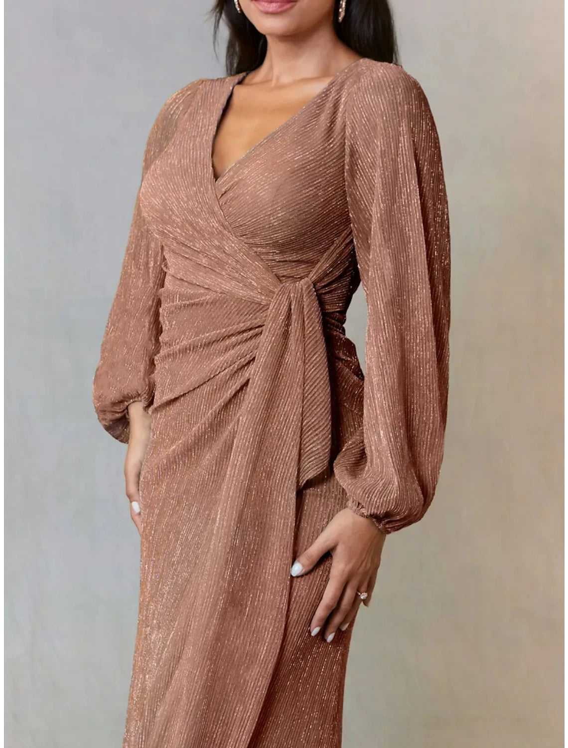 Wholesa  A-Line Mother of the Bride Dress Wedding Guest Simple Elegant V Neck Floor Length Chiffon Long Sleeve with Ruching Solid Color