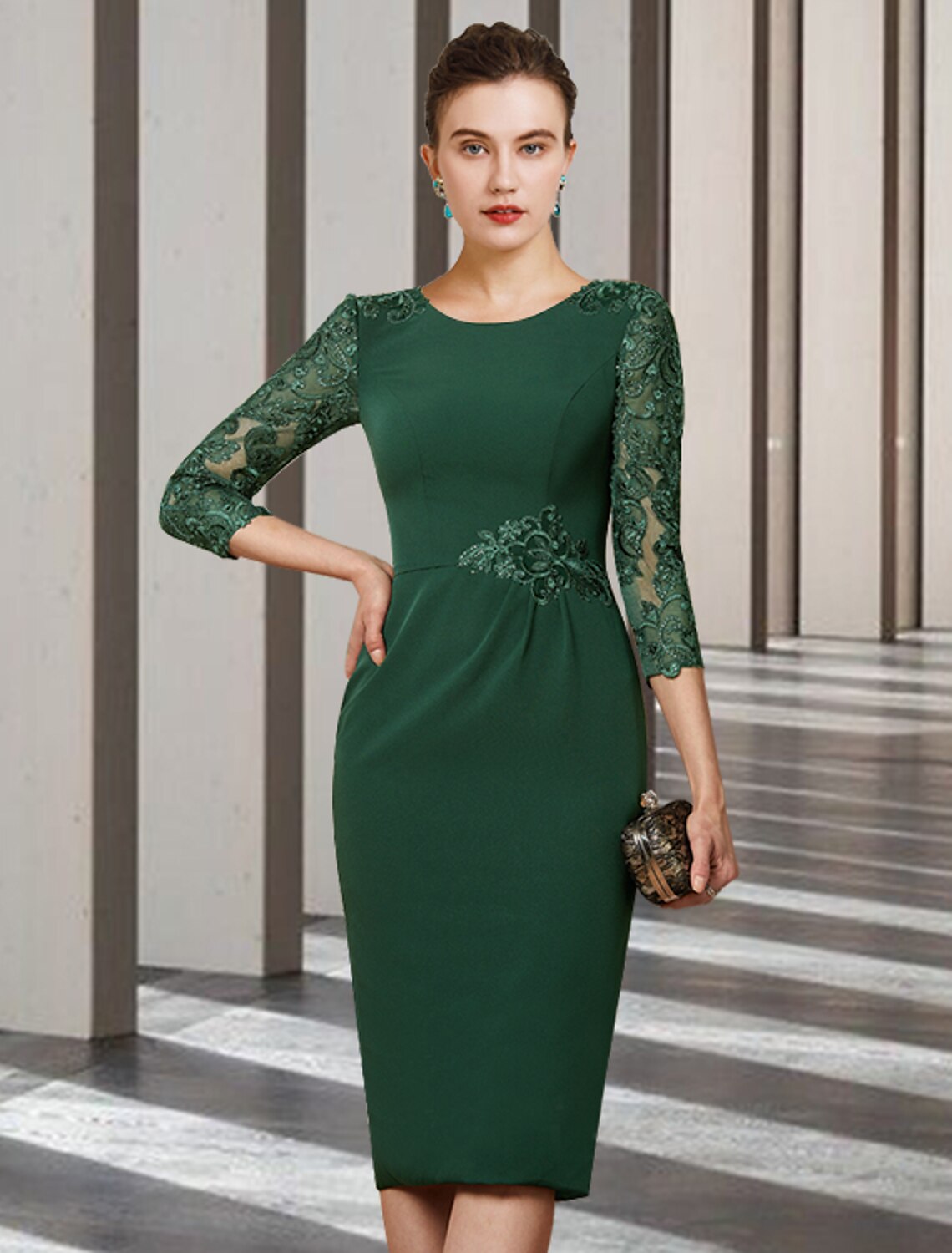 wholesale  Sheath / Column Mother of the Bride Dress Elegant Jewel Neck Short / Mini Chiffon Lace Long Sleeve with Sash / Ribbon Appliques