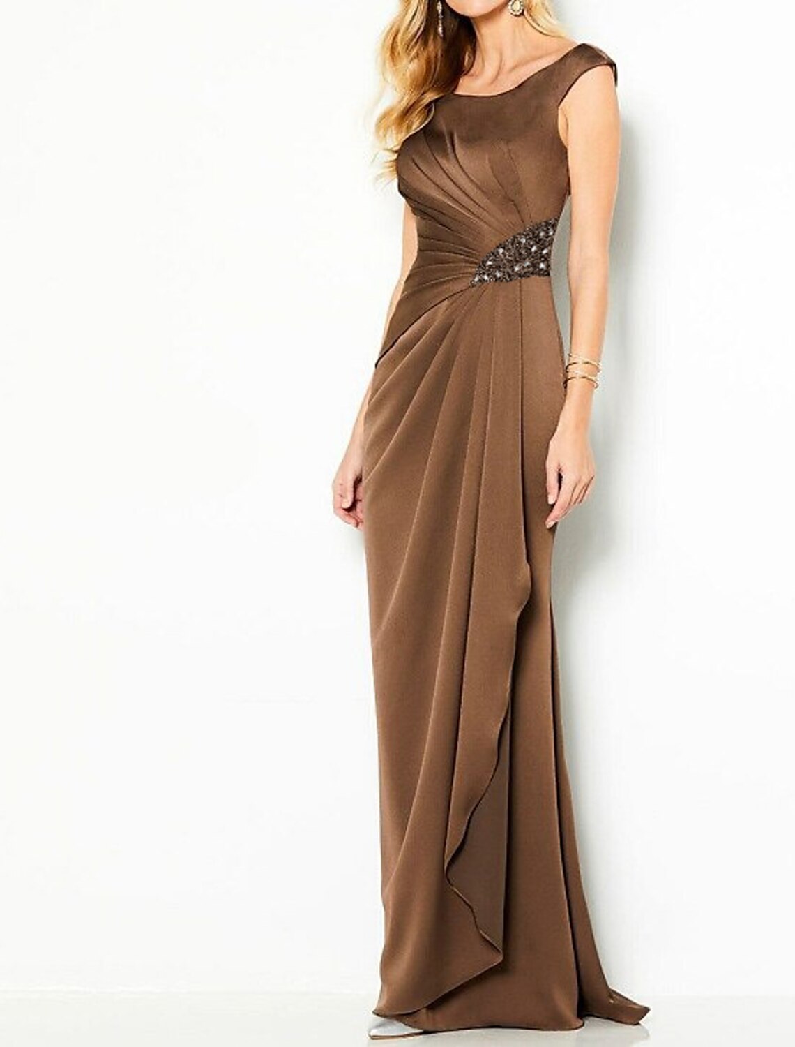 Wholesa Mermaid / Trumpet Elegant Formal Evening Dress Scoop Neck Sleeveless Floor Length Satin with Ruched Crystals