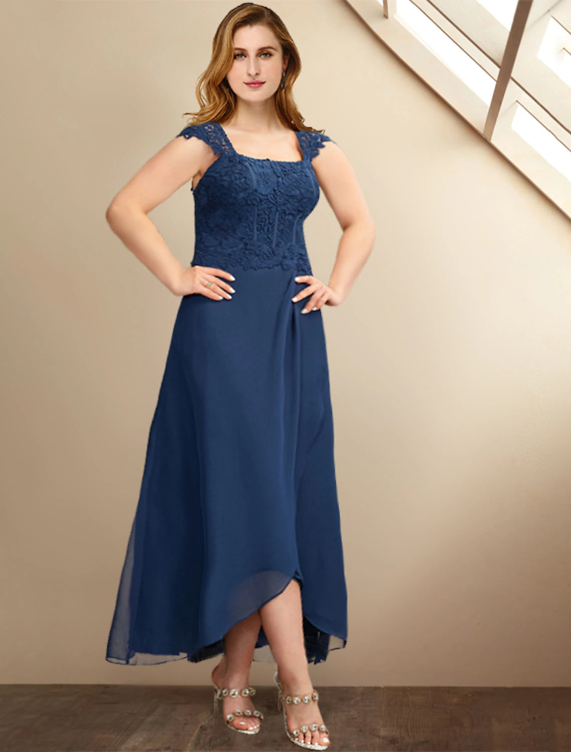 wholesale  Two Piece A-Line Mother of the Bride Dresses Plus Size Hide Belly Curve Elegant Dress Formal Asymmetrical Half Sleeve Square Neck Chiffon with Pleats Appliques