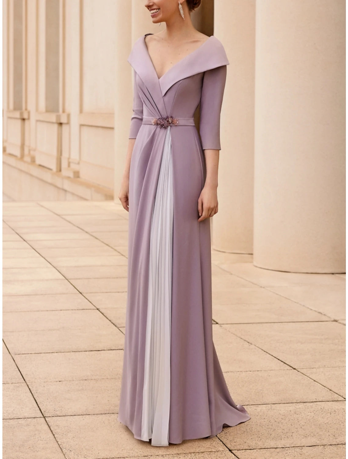 Wholesa A-Line Mother of the Bride Dress Wedding Guest Elegant V Neck Sweep / Brush Train Stretch Chiffon Half Sleeve with Appliques Ruching