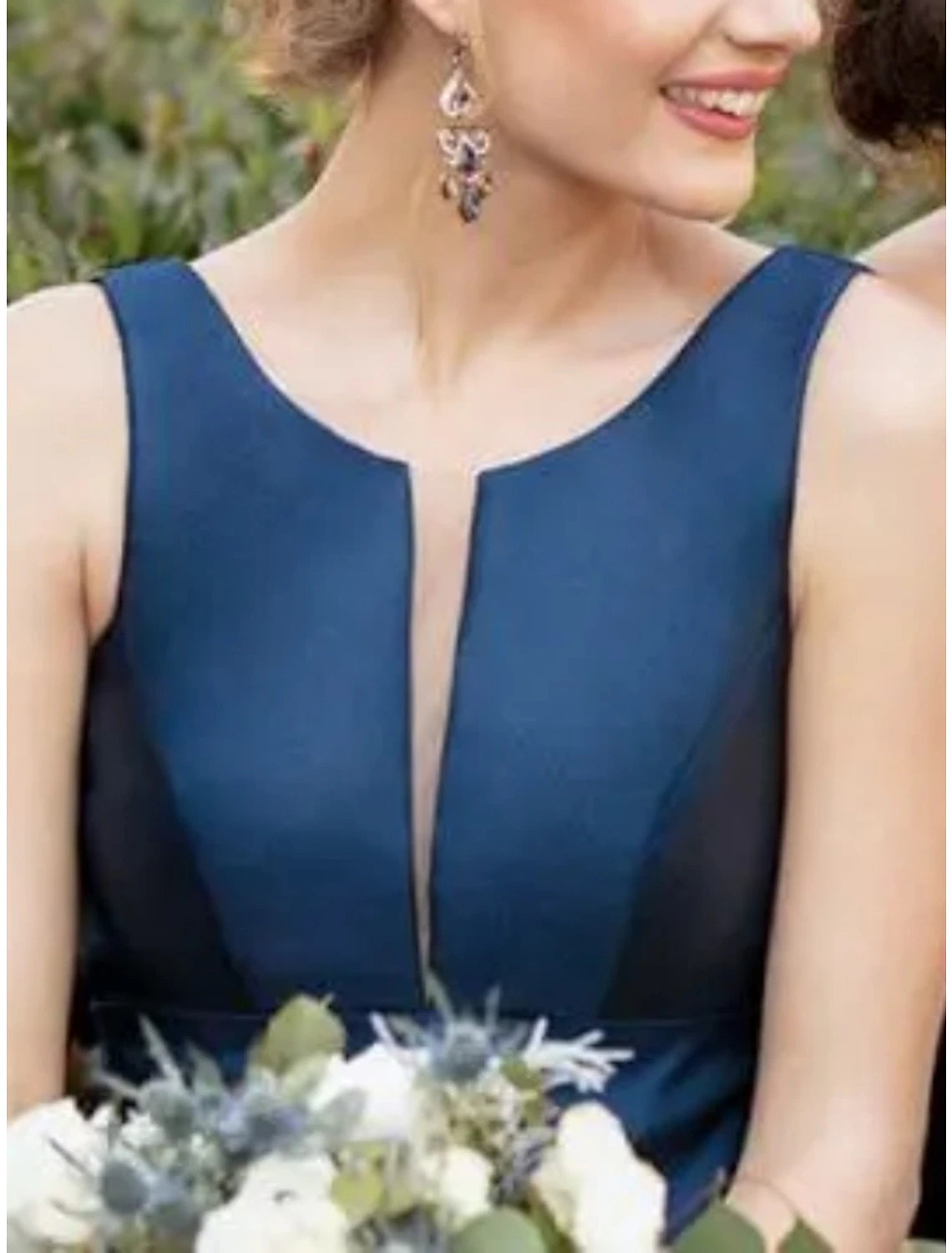 Wholesa  Sheath / Column Bridesmaid Dress Scoop Neck Sleeveless Blue Floor Length Satin with Pleats / Solid Color