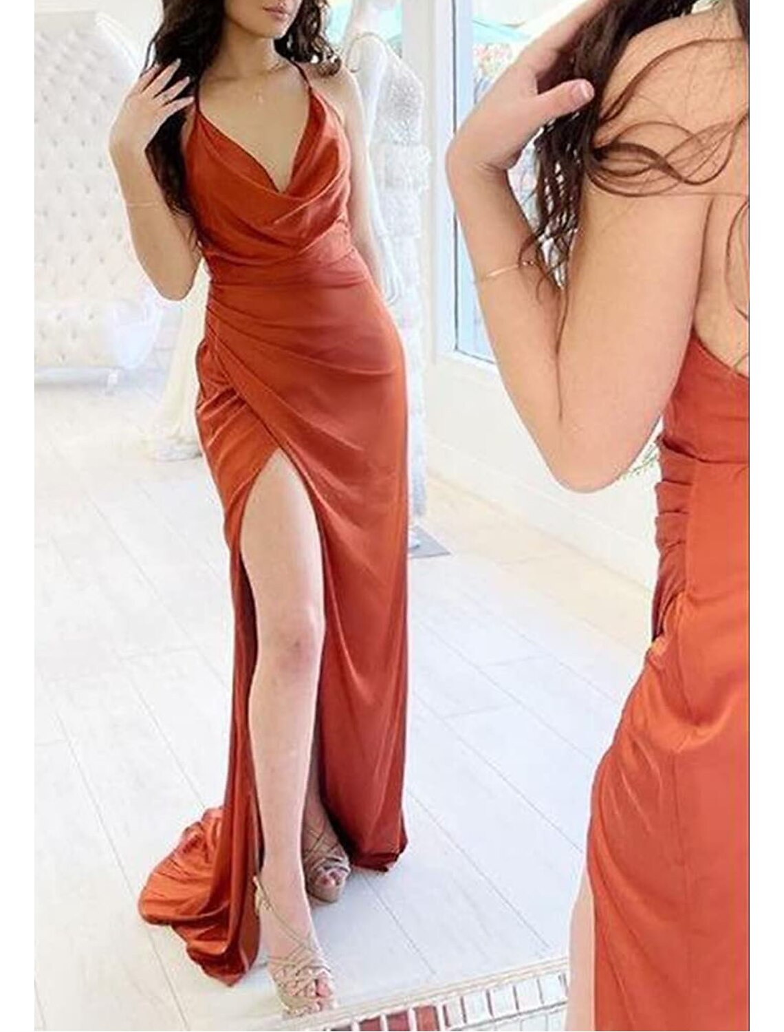 wholesale  Mermaid / Trumpet Bridesmaid Dress V-Neck Cowl Spaghetti Strap Sleeveless Vintage Floor Length Imitated Silk with Pleats / Split Front