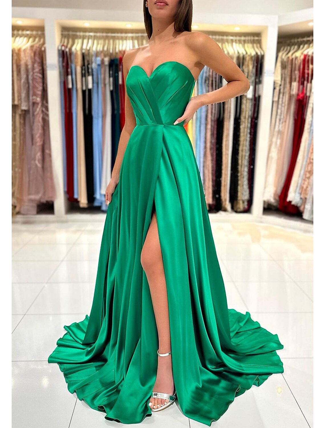 Wholesa  A-Line Prom Dress Formal Red Green Dresses Empire Dress Formal Prom Sweep / Brush Train Sleeveless Sweetheart Backless with Pleats Slit