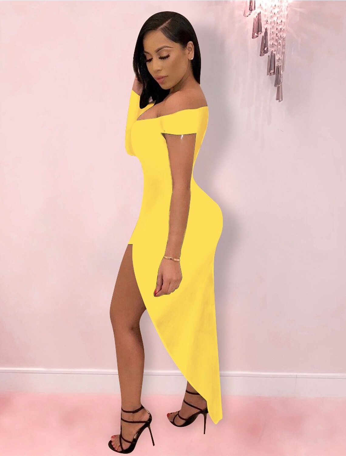 wholesa Hot Sexy Holiday Party Wear Club Dress High Slit V Neck off Shoulder Long Sleeve Bodycon Asymmetrical Spandex with Sleek