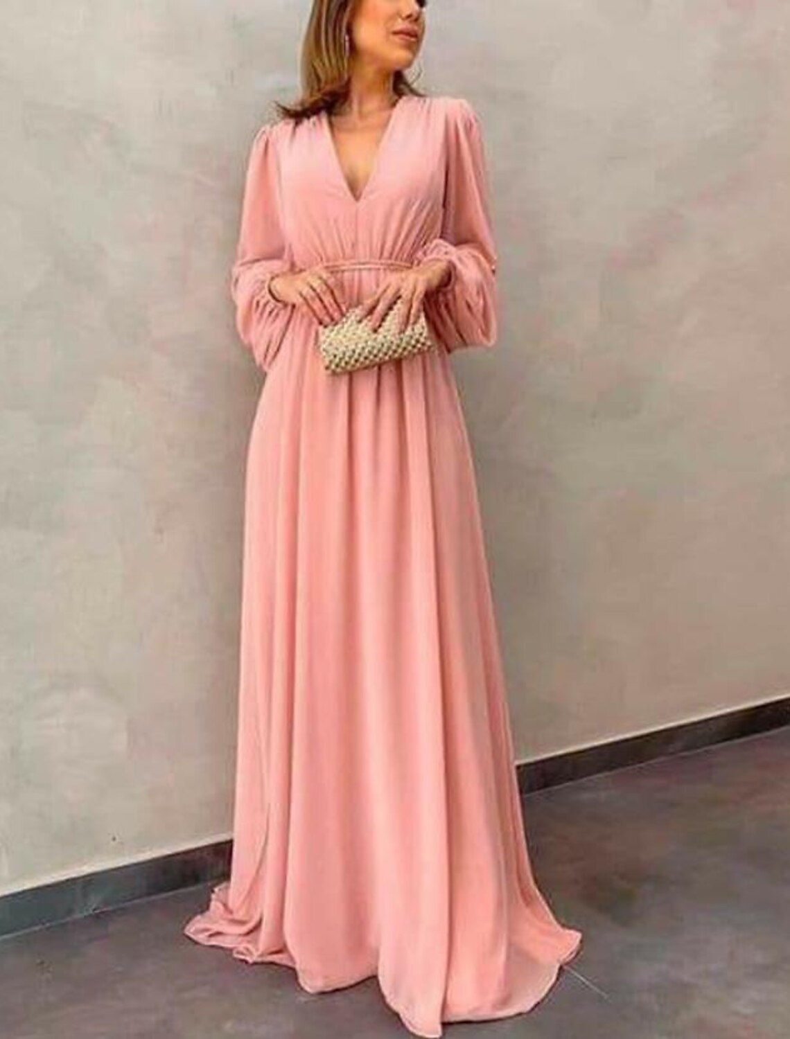 Wholesa A-Line Mother of the Bride Dress Formal Wedding Guest Elegant V Neck Sweep / Brush Train Chiffon Long Sleeve with Pleats