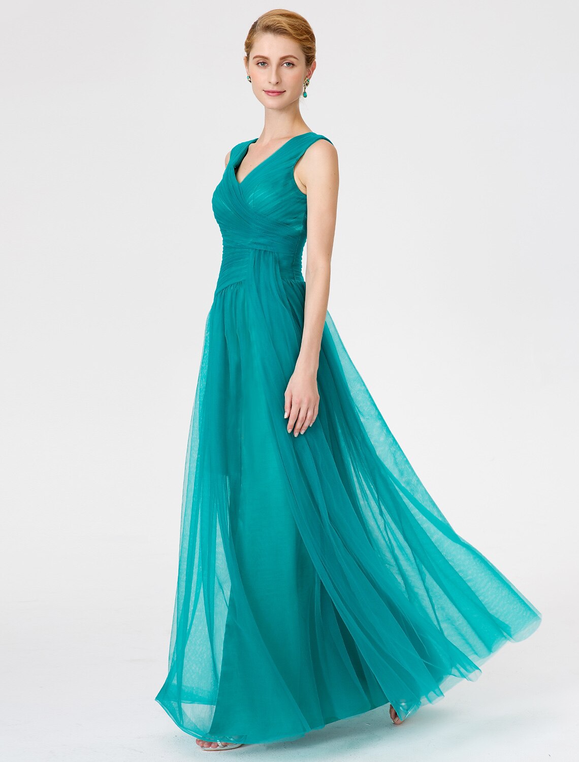 wholesale  Princess Mother of the Bride Dress Elegant V Neck Floor Length Tulle Sleeveless No with Criss Cross Ruched